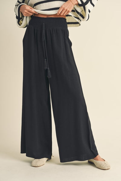 LINEN BLEND SMOCKED WAIST PANTS (BLACK) – KaLi Trends