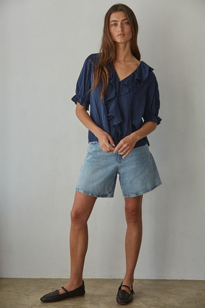 NAVY RUFFLE TOP – KaLi Trends