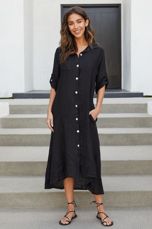 Linen Button Down Dress (Black) Medium Linen Button Down Dress (Black) Medium