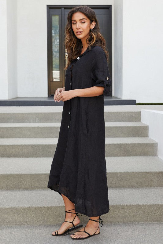 Linen Button Down Dress (Black) Medium