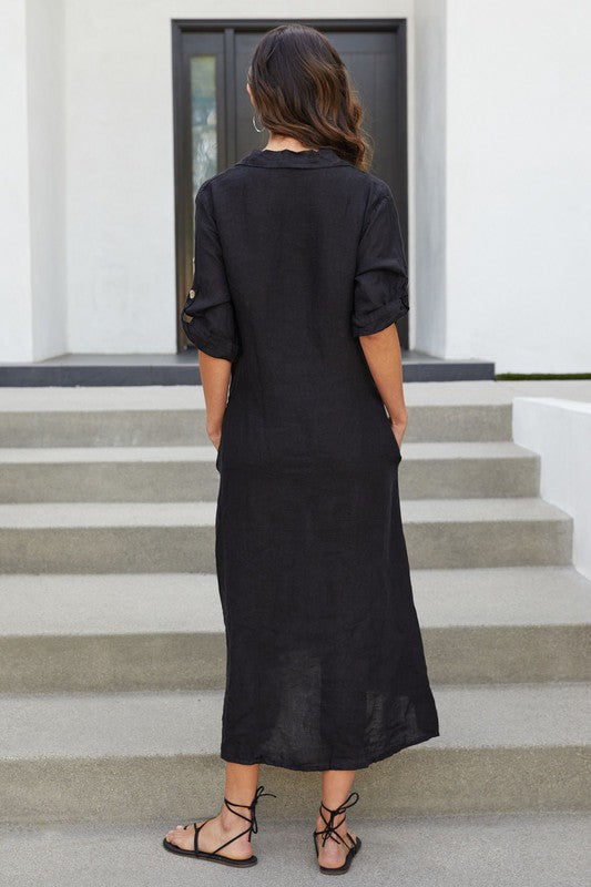 Linen Button Down Dress (Black) Medium Linen Button Down Dress (Black) Medium