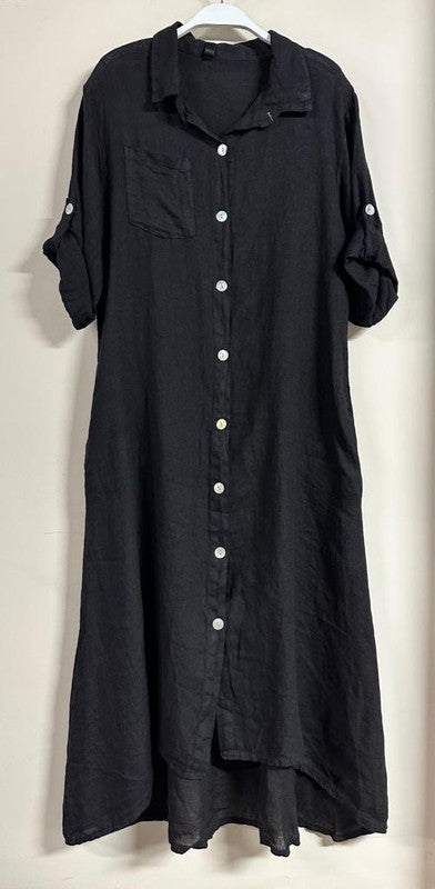 LINEN BUTTON DOWN DRESS (BLACK) Medium LINEN BUTTON DOWN DRESS (BLACK) Medium