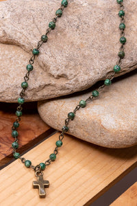 STONE BEAD NECKLACE W/ CROSS (AFRICAN TURQUOISE) with lobster claw closure