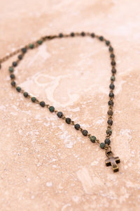 STONE BEAD NECKLACE W/ CROSS (AFRICAN TURQUOISE) with lobster claw closure