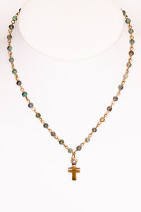 STONE BEAD NECKLACE W/ CROSS (AFRICAN TURQUOISE) with lobster claw closure