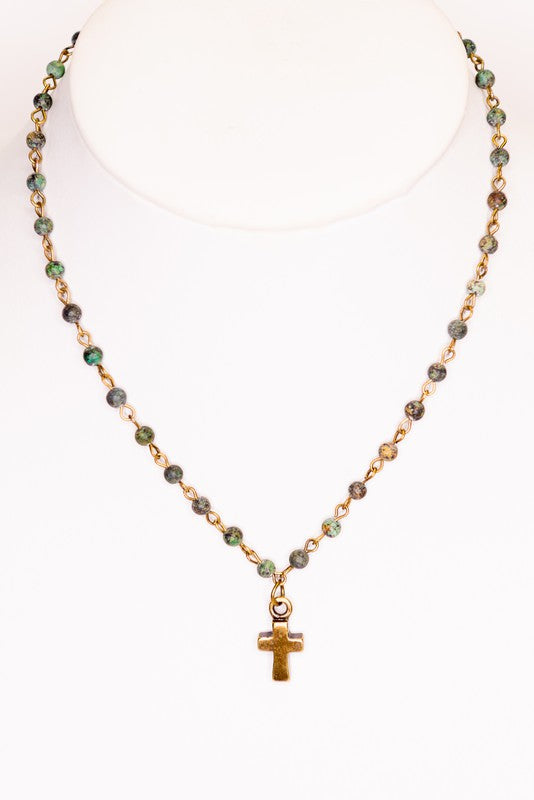 STONE BEAD NECKLACE W/ CROSS (AFRICAN TURQUOISE) with lobster claw closure