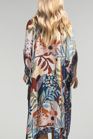 Light Weight Botanical Floral Print Kimono, open front, loose fit in shades of beige, navy, light blue, burgundy and pink