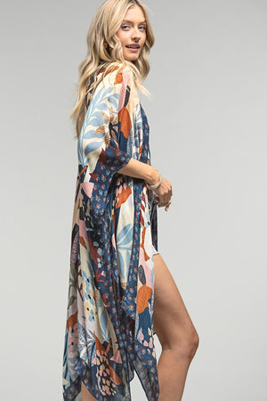 Light Weight Botanical Floral Print Kimono, open front, loose fit in shades of beige, navy, light blue, burgundy and pink