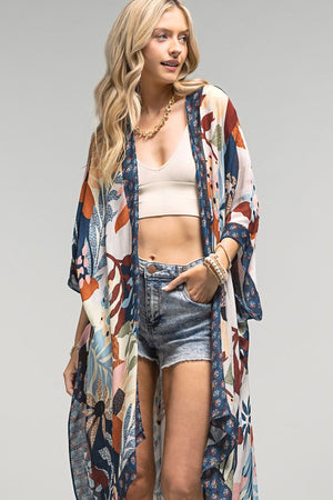 Light Weight Botanical Floral Print Kimono, open front, loose fit in shades of beige, navy, light blue, burgundy and pink