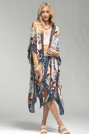 Light Weight Botanical Floral Print Kimono, open front, loose fit in shades of beige, navy, light blue, burgundy and pink