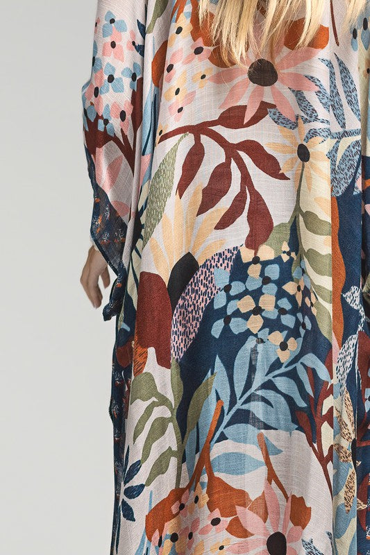 Light Weight Botanical Floral Print Kimono, open front, loose fit in shades of beige, navy, light blue, burgundy and pink