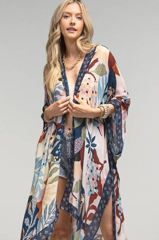 Light Weight Botanical Floral Print Kimono, open front, loose fit in shades of beige, navy, light blue, burgundy and pink