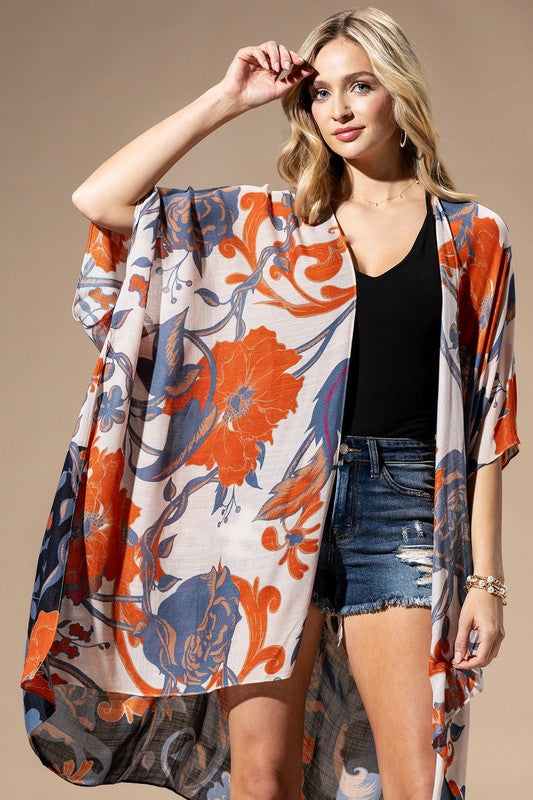 Light Weight Botanical Floral Print Kimono, open front, loose fit in shades of beige, orange, and blue