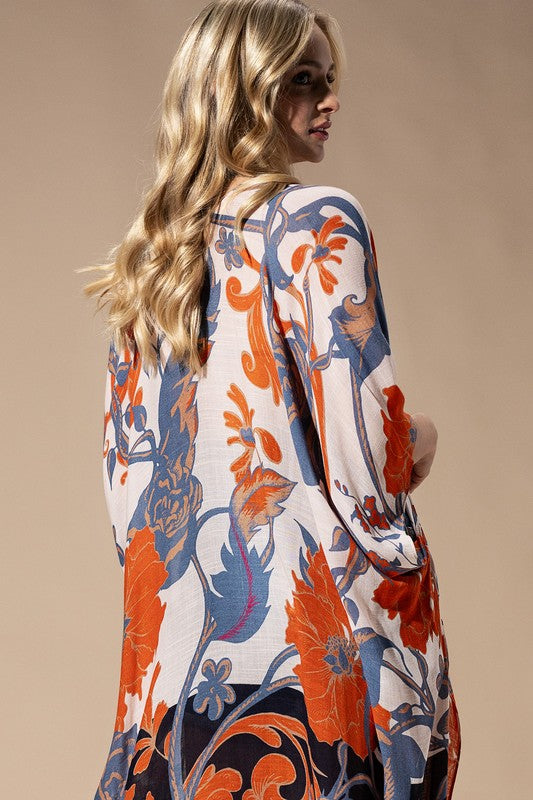 Light Weight Botanical Floral Print Kimono, open front, loose fit in shades of beige, orange, and blue