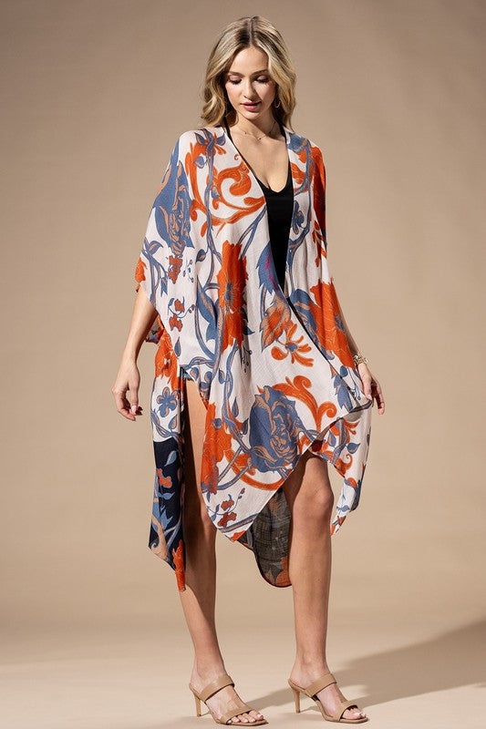 Light Weight Botanical Floral Print Kimono, open front, loose fit in shades of beige, orange, and blue