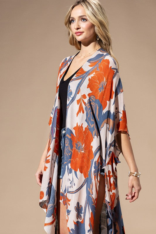 Light Weight Botanical Floral Print Kimono, open front, loose fit in shades of beige, orange, and blue