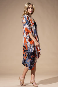 Light Weight Botanical Floral Print Kimono, open front, loose fit in shades of beige, orange, and blue