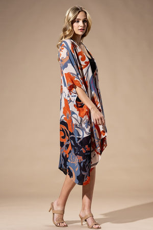 Light Weight Botanical Floral Print Kimono, open front, loose fit in shades of beige, orange, and blue