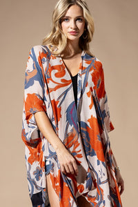 Light Weight Botanical Floral Print Kimono, open front, loose fit in shades of beige, orange, and blue