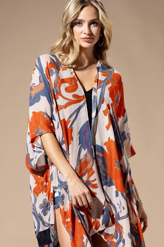 Light Weight Botanical Floral Print Kimono, open front, loose fit in shades of beige, orange, and blue