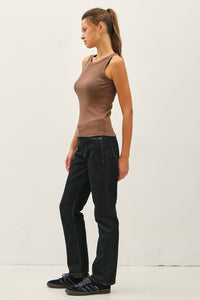 RIBBED KNIT HIGH NECK TANK TOP (BROWN)