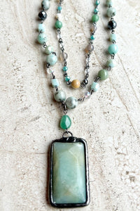 MULTI-STRAND STONE BEAD NECKLACE WITH PENDANT (AMAZONITE)