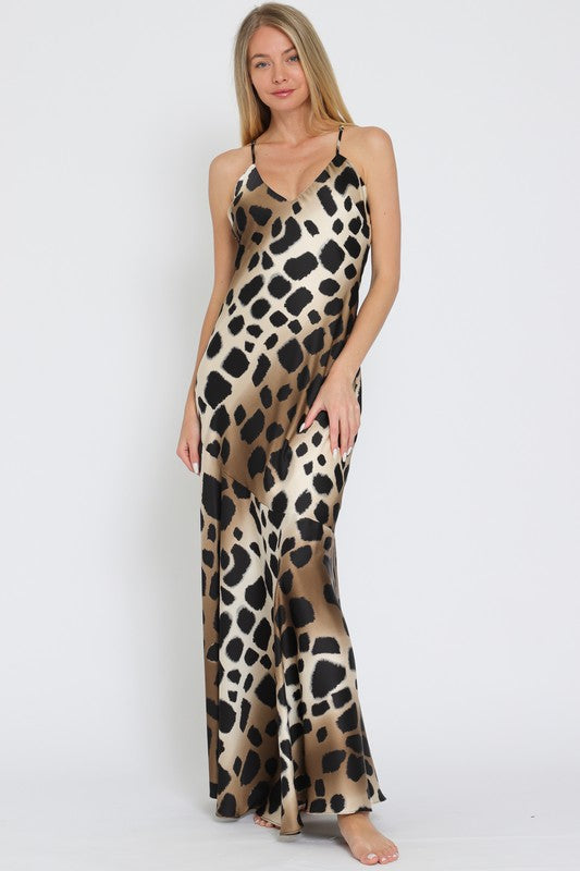 Large Animal Print Maxi Length Dress with adjustable spaghetti straps that criss cross in the back 