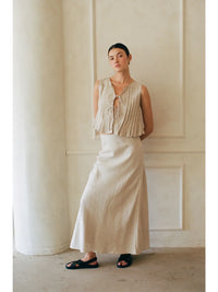 WOVEN 100% LINEN ELASTIC WAIST LONG SKIRT in Linen color