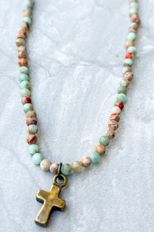 IMPERIAL JASPER STONE BEAD NECKLACE W/ BRONZE CROSS CHARM AND LOBSTER CLOSURE