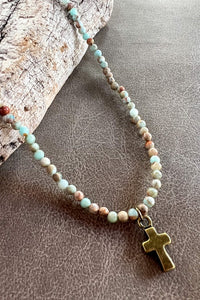 IMPERIAL JASPER STONE BEAD NECKLACE W/ BRONZE CROSS CHARM AND LOBSTER CLOSURE