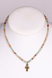 IMPERIAL JASPER STONE BEAD NECKLACE W/ BRONZE CROSS CHARM AND LOBSTER CLOSURE