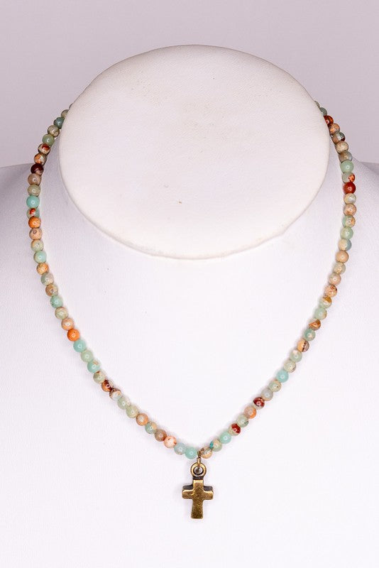 IMPERIAL JASPER STONE BEAD NECKLACE W/ BRONZE CROSS CHARM AND LOBSTER CLOSURE