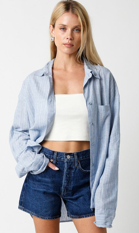 OVERSIZED STRIPED BUTTON DOWN TOP in Light Blue with White Stripes