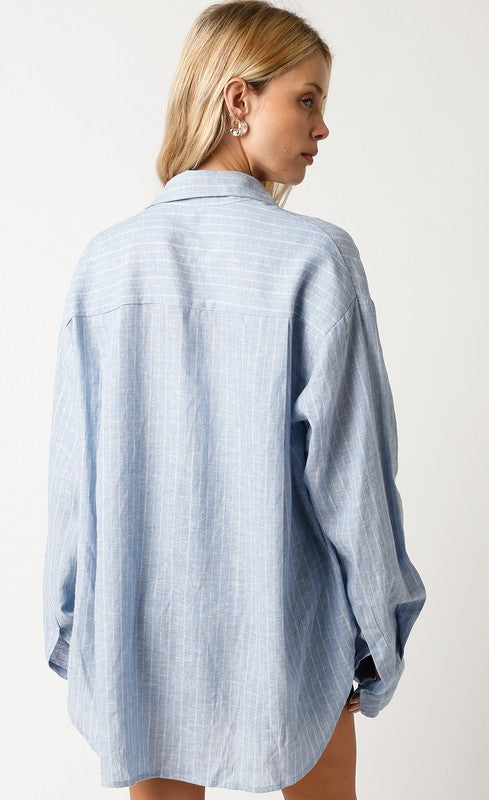 OVERSIZED STRIPED BUTTON DOWN TOP in Light Blue with White Stripes