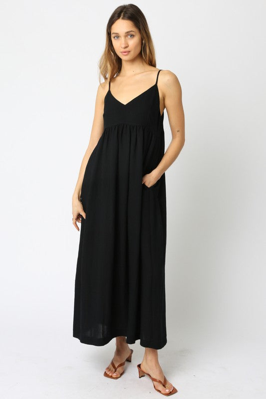 V-NECK MAXI DRESS WITH ADJUSTABLE SPAGHETTI STRAPS AND HIDDEN SIDE POCKETS IN BLACK
