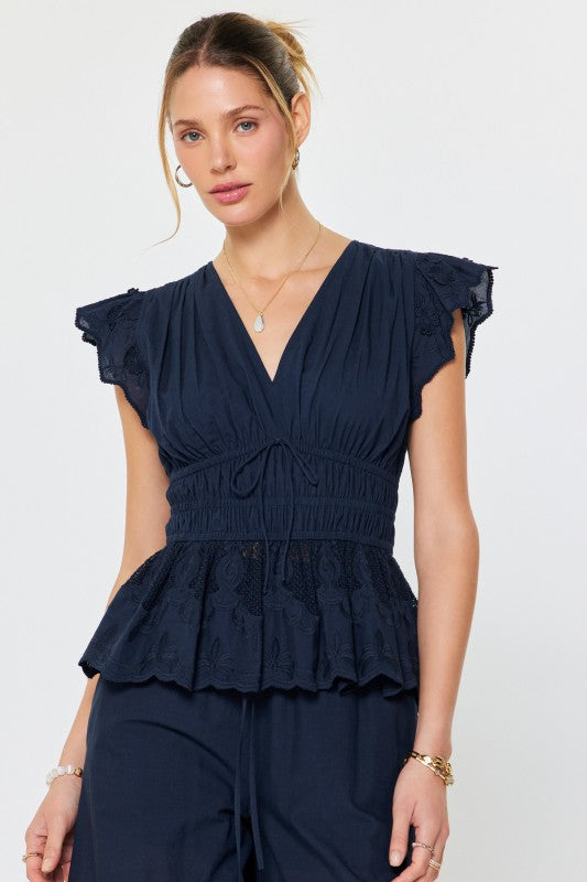 EMBROIDERED PEPLUM BLOUSE (NAVY) – KaLi Trends