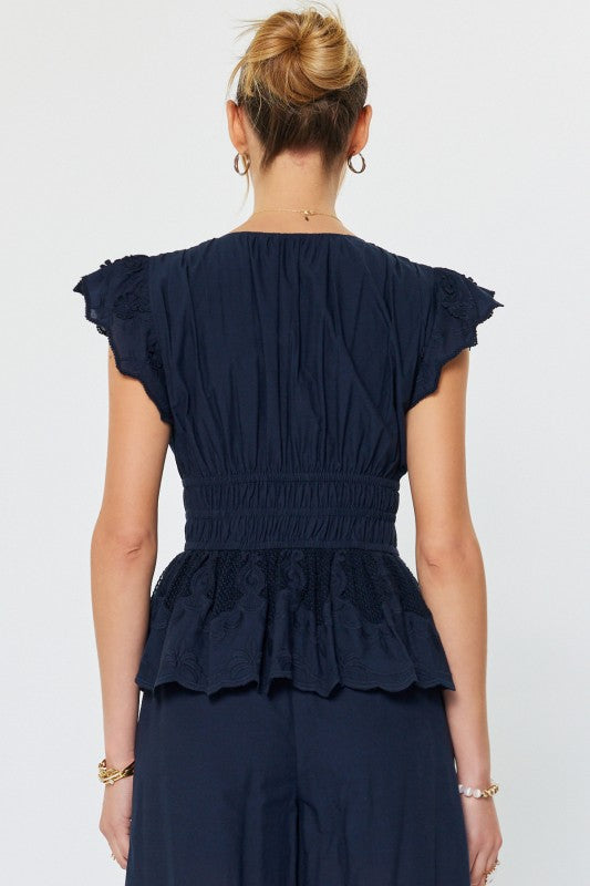 EMBROIDERED PEPLUM BLOUSE (NAVY) – KaLi Trends