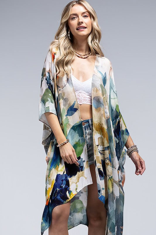 GRAPHIC FLORAL PRINT KIMONO OVERLAYER TOP WITH SIDE SLITS