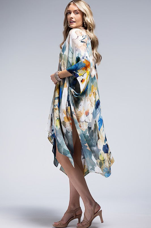 GRAPHIC FLORAL PRINT KIMONO OVERLAYER TOP WITH SIDE SLITS