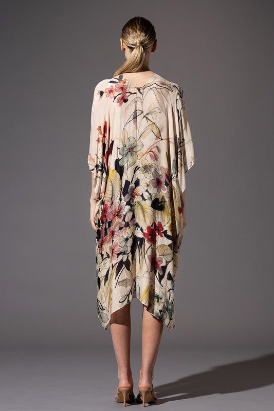 GRAPHIC FLORAL PRINT KIMONO OVERLAYER TOP WITH SIDE SLITS