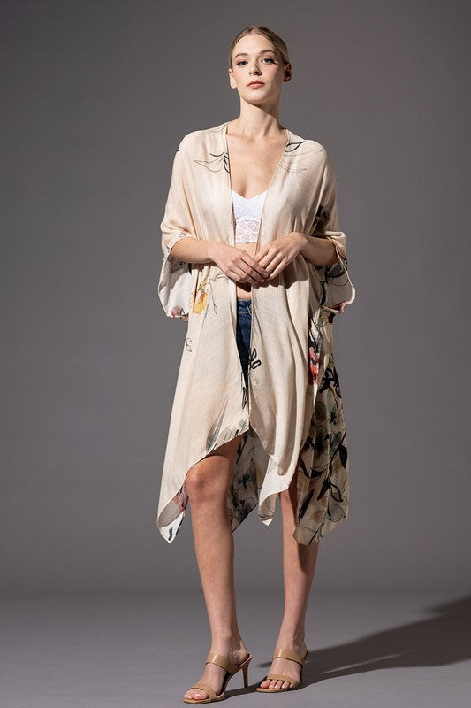 GRAPHIC FLORAL PRINT KIMONO OVERLAYER TOP WITH SIDE SLITS