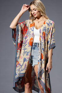 GRAPHIC FLORAL PRINT KIMONO OVERLAYER TOP WITH SIDE SLITS