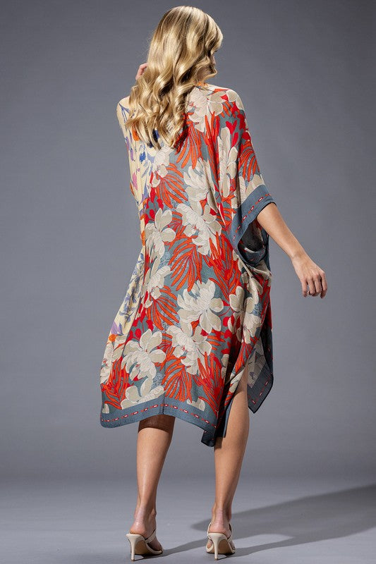 GRAPHIC FLORAL PRINT KIMONO OVERLAYER TOP WITH SIDE SLITS