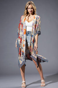 GRAPHIC FLORAL PRINT KIMONO OVERLAYER TOP WITH SIDE SLITS