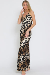 Large Animal Print Maxi Length Dress with adjustable spaghetti straps that criss cross in the back