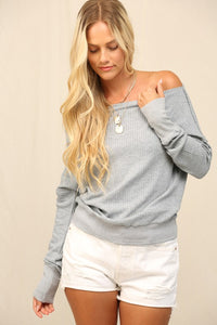 OFF-THE-SHOULDER THERMAL KNIT TOP in Heather Gray with banded waistline