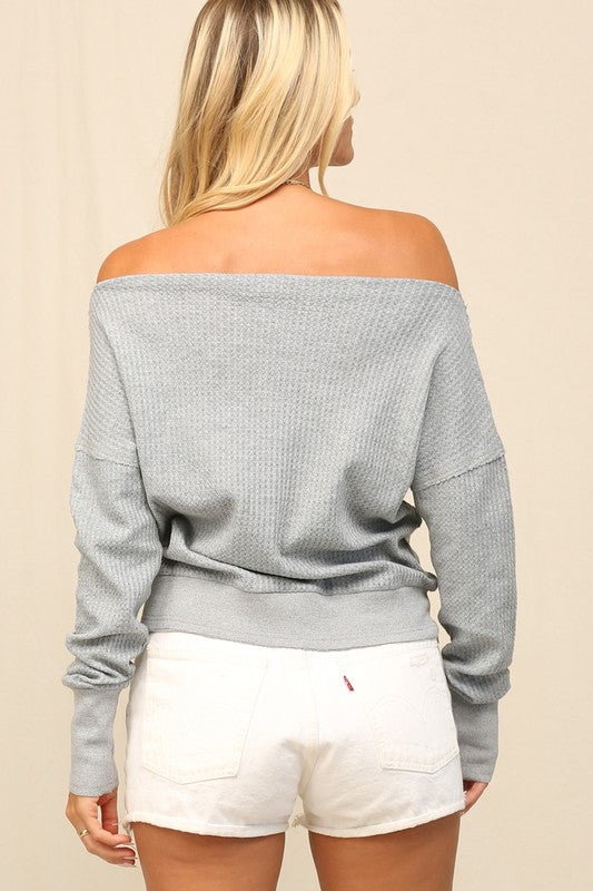 OFF-THE-SHOULDER THERMAL KNIT TOP in Heather Gray with banded waistline