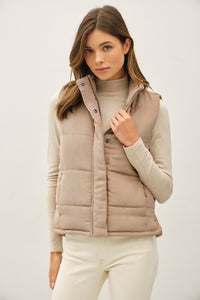 SUEDED PUFFER VEST (MOCHA) WITH ZIPPER AND SNAP BUTTON CLOSURES, FRONT POCKETS