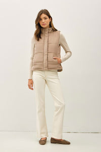 SUEDED PUFFER VEST (MOCHA) WITH ZIPPER AND SNAP BUTTON CLOSURES, FRONT POCKETS