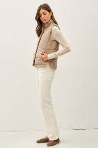 SUEDED PUFFER VEST (MOCHA) WITH ZIPPER AND SNAP BUTTON CLOSURES, FRONT POCKETS